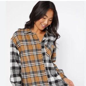 Camel and Black Contrast Split Plaid Print Colorblock Oversized Flannel